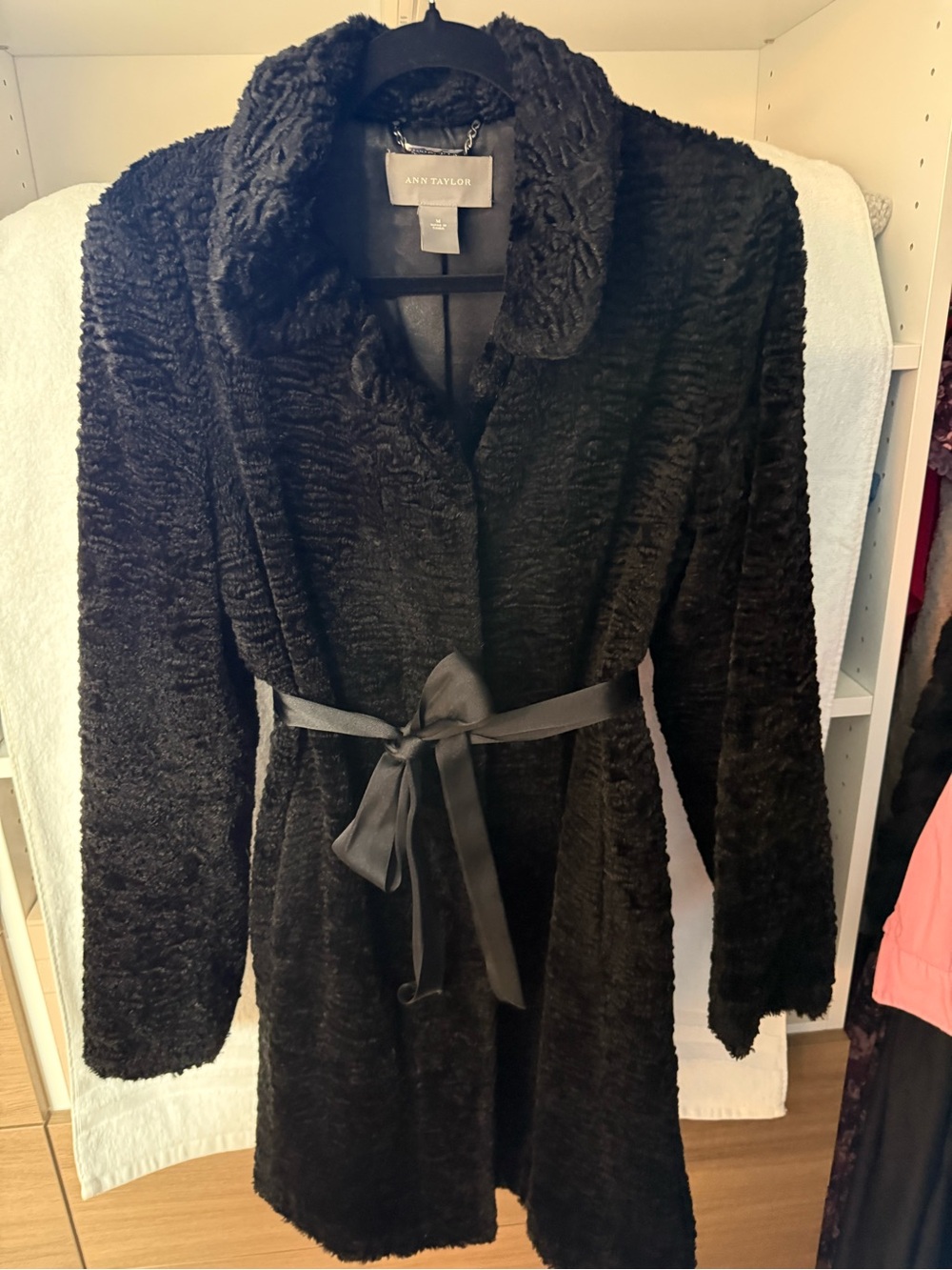 Ann Taylor Black Faux-Fur Belted Teddy Coat